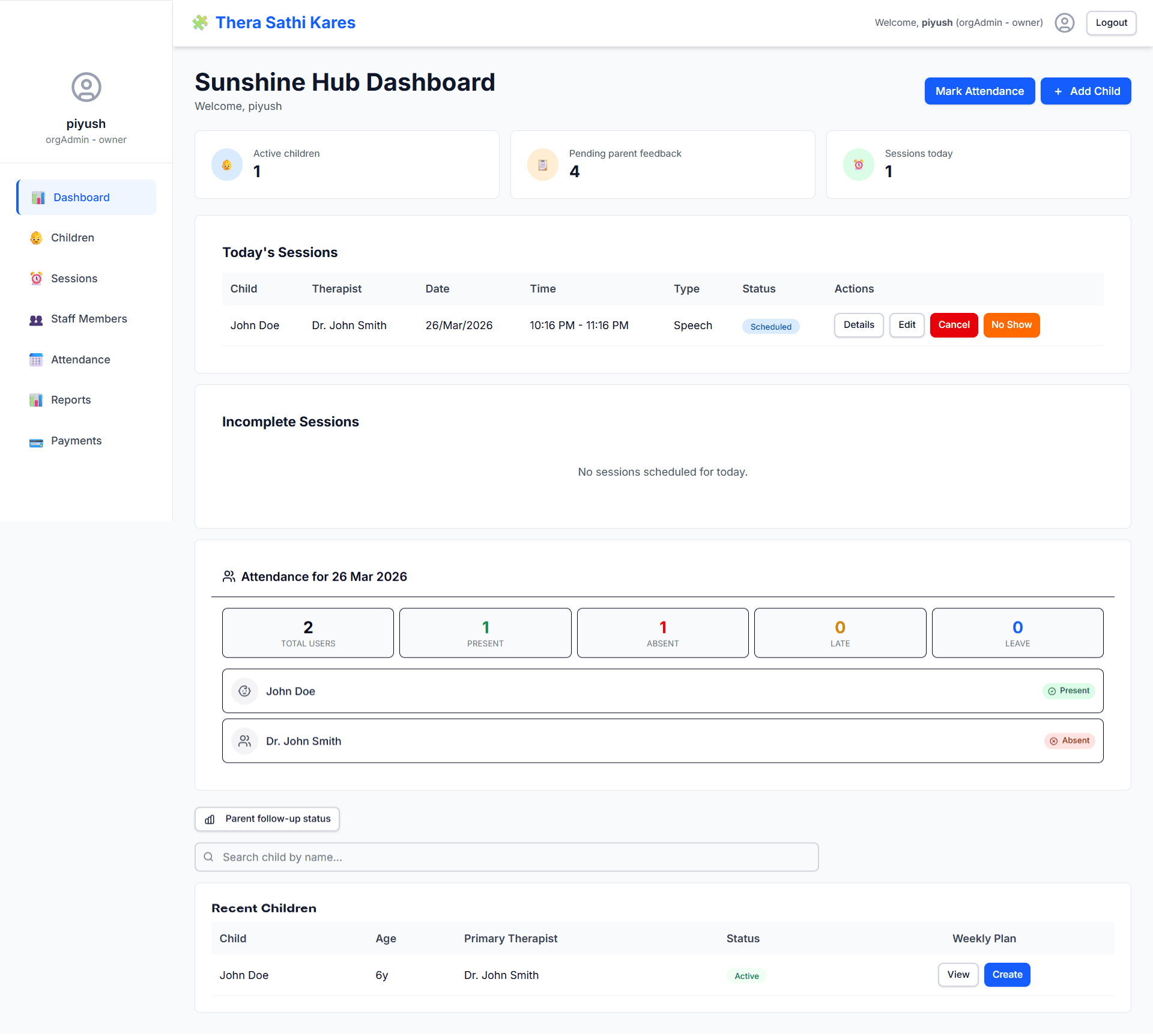Therapy centre dashboard preview